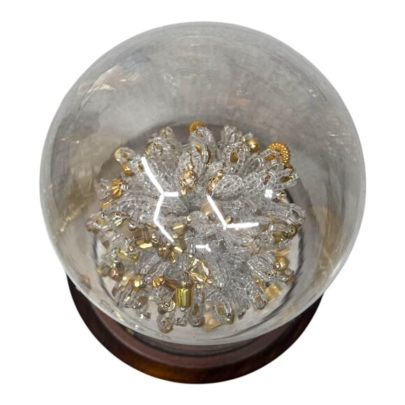 Vintage Silver Gold Beaded Mini Christmas Tree In Glass Dome Presents Wood Base - Picture 6 of 6